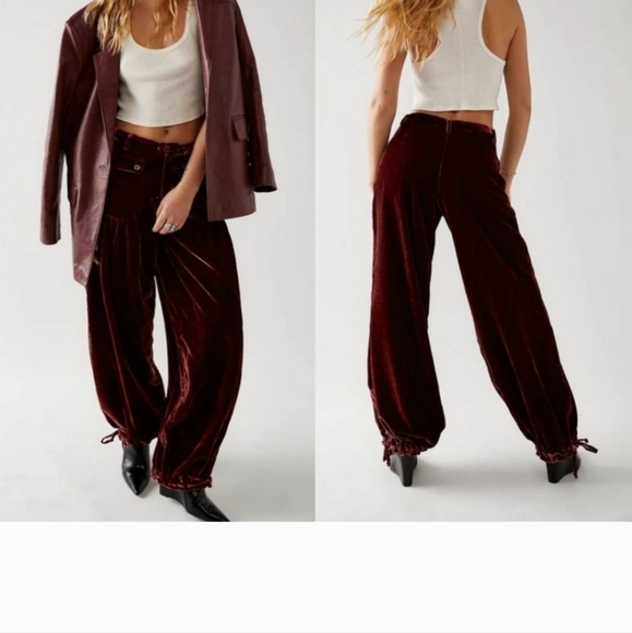 Free People Pants - Free People Women's 24 Lotus Dropped Patch Cinched Tie Ankle Burgundy Velvet New